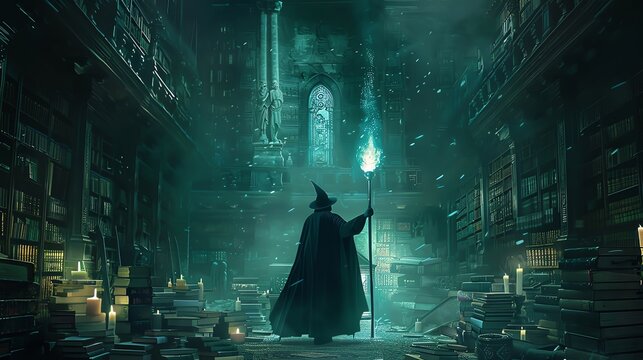 Wise Magic Wizard Holding a Glowing Staff in an ancient library, surrounded by books and magical artifacts