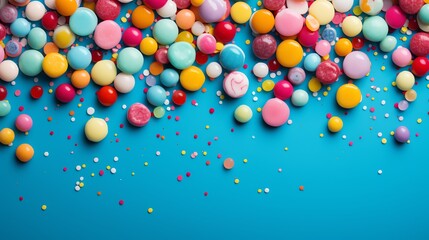 Colorful candy sprinkles on a blue background, scattered pattern, top view, vibrant and cheerful