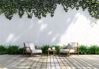 minimal modern outdoor garden lounge area with white wall, wood floor and grass wall background, two chairs, side table with tea set, green plants, 3d rendering illustration mock up