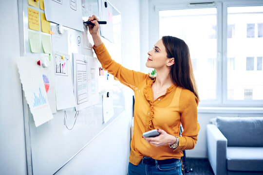 Smiling businesswoman taking notes on whiteboard in office