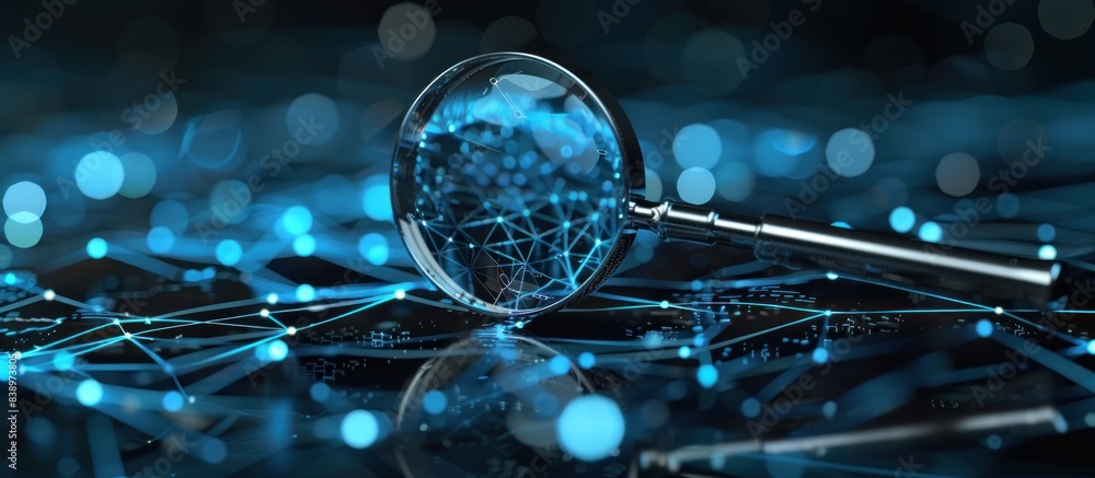Poster a magnifying glass hovering over an intricate web of digital connections