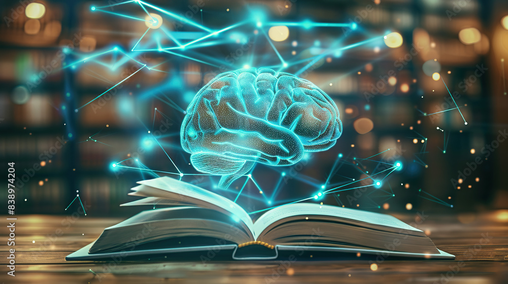Poster an open book with an ai brain floating above it, surrounded by glowing connections and data points s