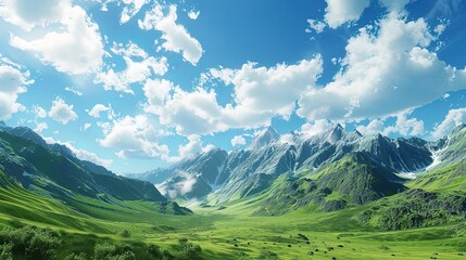Obraz premium Ecological Environment Protection Promotion Natural Landscape Poster Background Material, Green Mountains Under Blue Sky and White Clouds 