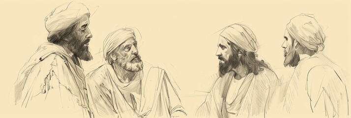 Obraz premium Jesus' Interaction with the Pharisees, Biblical Illustration of Teaching and Wisdom, Ideal for Educational and Devotional Use,Christian banner