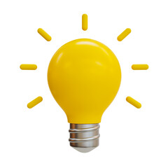 3D illustration of a yellow lightbulb glowing, representing ideas and creativity.