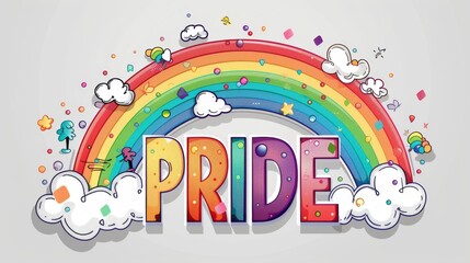 Fototapeta premium Whimsical pride rainbow with clouds on light blue background, showcasing joy, inclusivity, and celebration in a charming, dreamy illustration.