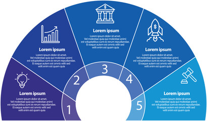Collection of vector circle chart infographic templates for presentations, advertising, layouts, annual reports. 5 options, steps, parts