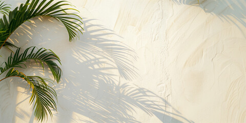 Palm leaves and shadow on white wall background. Summer, nature and tropical concept. Copy space