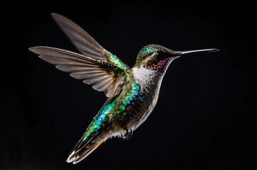 Fototapeta premium Iridescent Hummingbird in Flight Against Black Background