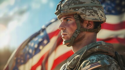 An American Soldier with an American Flag Look