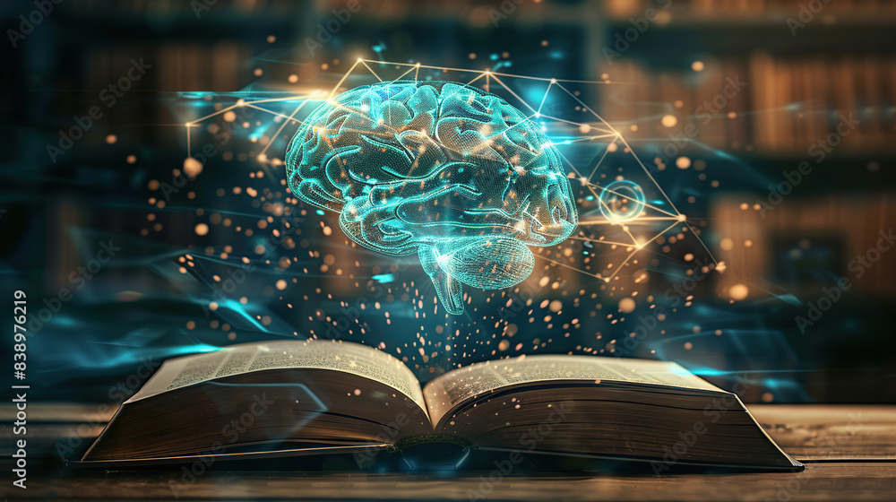 Poster an open book with an ai brain floating above it, surrounded by glowing connections and data points s