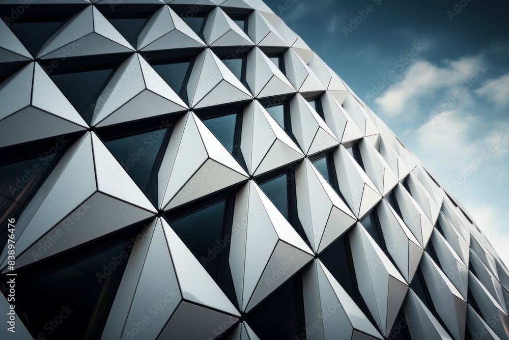 Poster abstract low angle view of a modern building with a geometric pattern facade under a cloudy sky