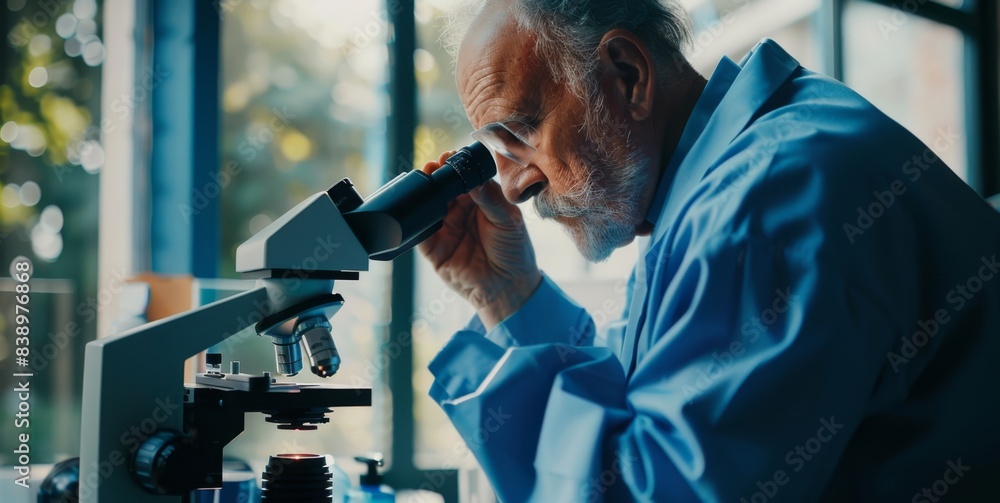 Poster the scientist using microscope