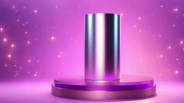 Empty stage, cylinder podium on soft lilac background with pink crystal light refraction sparkles on minimal background, Pedestal for cosmetic product and packaging mock ups display presentation