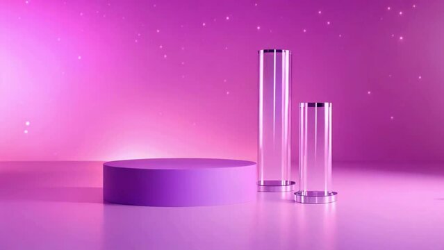 Empty stage, cylinder podium on soft lilac background with pink crystal light refraction sparkles on minimal background, Pedestal for cosmetic product and packaging mock ups display presentation