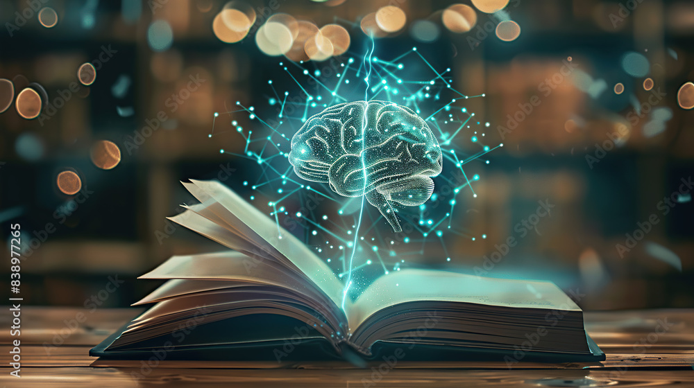 Poster an open book with an ai brain floating above it, surrounded by glowing connections and data points s