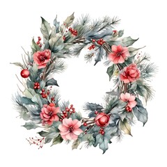 Fototapeta premium Watercolor Winter Christmas Flower Leaves Wreath