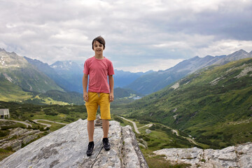 Beautiful blond child, boy, gathering wild flowers in the mountains in Switzerland, summertime