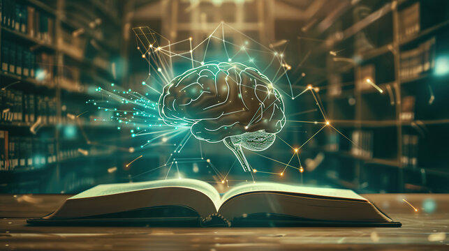 An open book with an AI brain floating above it, surrounded by glowing connections and data points symbolizing artificial