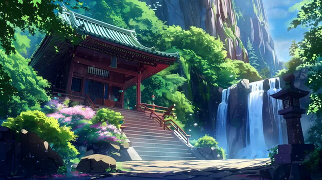 A serene temple near by a cascading waterfall. Anime or digital painting style, looping 4k video animation background
