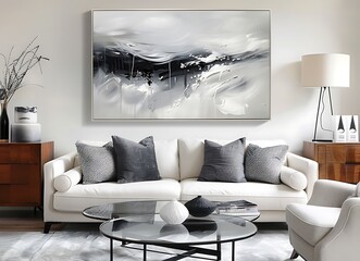 Minimalist interior of living room with white sofa, black and grey abstract painting on wall,