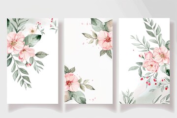 Pre made templates collection, frame - cards with pink flower bouquets, leaf branches.