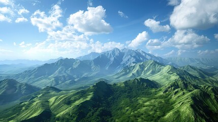 Fototapeta premium Ecological Environment Protection Promotion Natural Landscape Poster Background Material, Green Mountains Under Blue Sky and White Clouds 