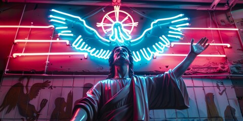 halo, Jesus, white dove, religious culture, faith, hope, culture, 4k HD wallpaper, background, generated by AI，Radiant Halo of Hope - Captivating 4K HD Wallpaper of Jesus, White Dove, and Neon Lights