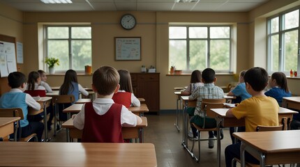 Fototapeta premium Elementary classroom with school kids looking front at teacher, back view.