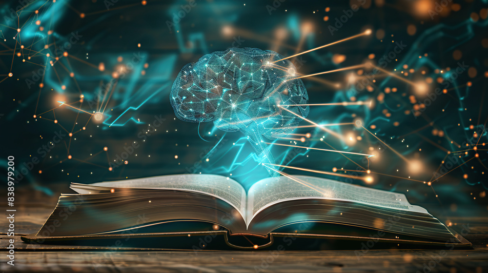 Poster an open book with an ai brain floating above it, surrounded by glowing connections and data points s