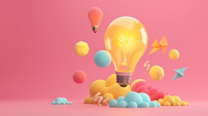 Creative 3D cartoon brainstorming session, minimalist design, concept of idea generation