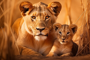 lioness and cubs in savannah