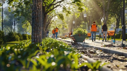 Urban Park Maintenance Crew Working in Morning Light