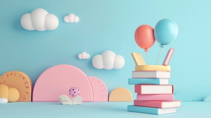 Animated 3D cartoon minimalist learning platform, concept of knowledge, bright and inspiring