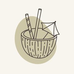 The cocktail in a coconut shell is decorated with two straws and an umbrella. Hand drawn vector outline icon.