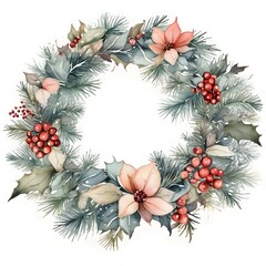 Fototapeta premium Watercolor Winter Christmas Flower Leaves Wreath