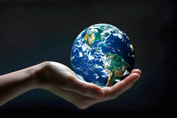 hand holding a blue earth icon. concept protecting our planet. generative ai