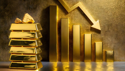 Gold prices falling, downward chart. Fall in gold prices. Gold bars. 