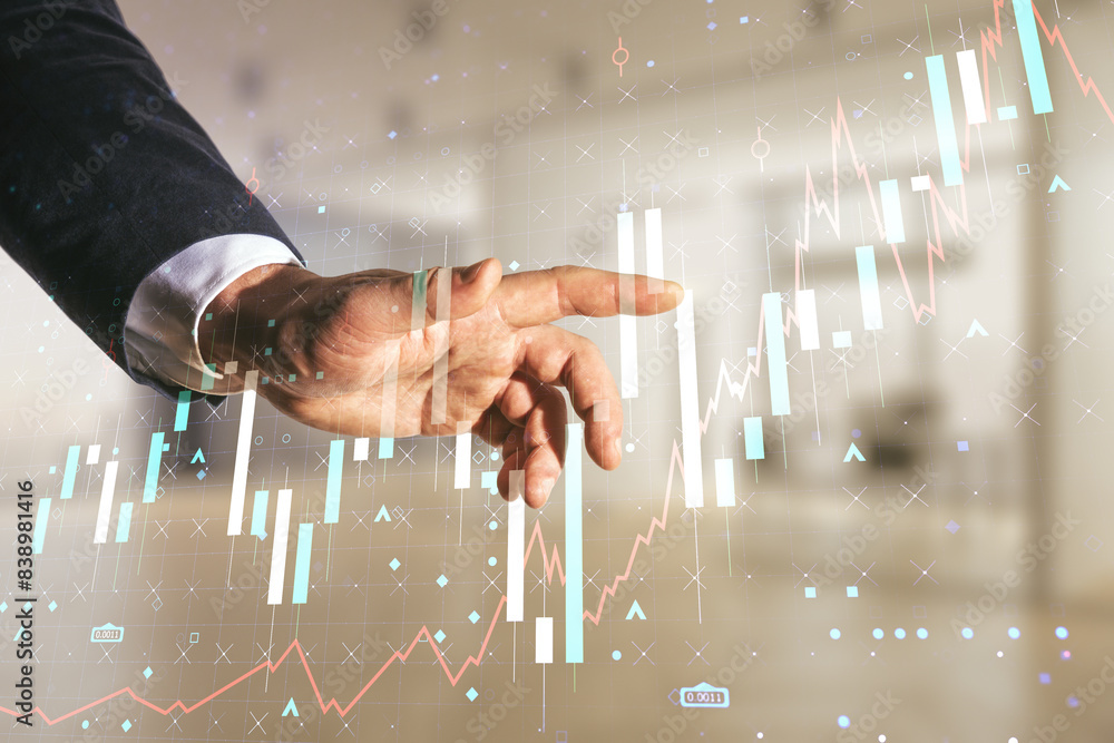 Poster man hand presses on abstract virtual financial graph on blurred office background, financial and tra