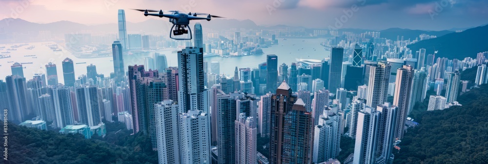 Wall mural a drone flies over the vibrant city of hong kong, showcasing the towering skyscrapers and bustling s - Wall murals