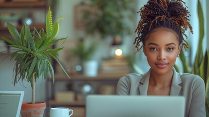 AI generated illustration of a woman using a laptop at a table surrounded by potted plants
