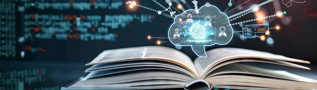 Abstract image of an open book with a glowing brain above it, symbolizing knowledge and learning.