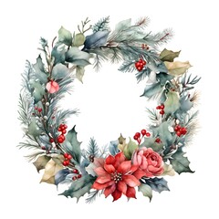 Fototapeta premium Watercolor Winter Christmas Flower Leaves Wreath