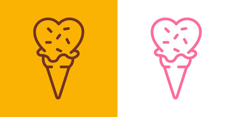 Logo i love ice cream. Silueta con líneas de helados con bola con forma de corazón en cono de waffle sabores fresa y chocolate