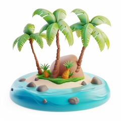 Obraz premium Island with marine water beach, rock, sand and palm tree cartoon illustration