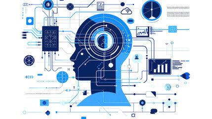 Obraz premium Vector illustration of an AI head with digital elements and symbols, on a white background