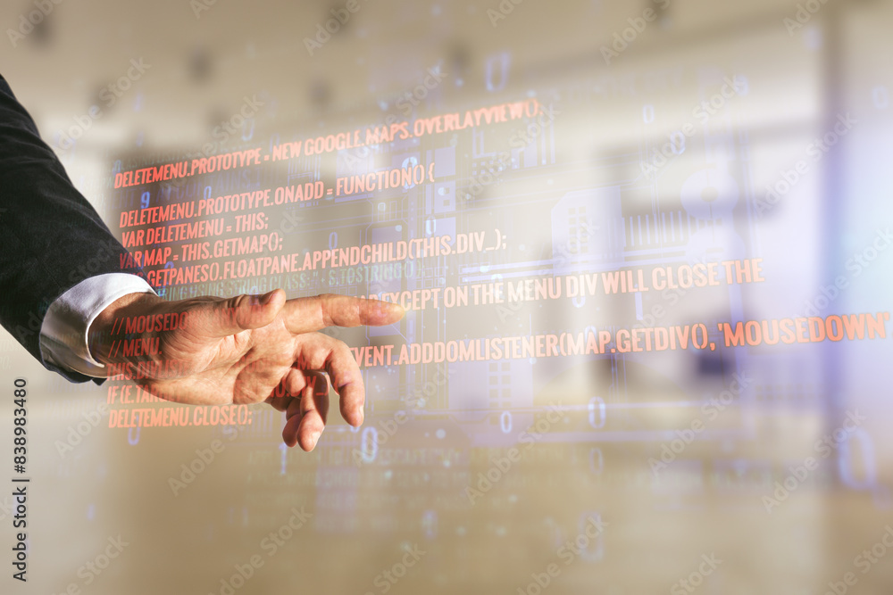 Aufkleber multi exposure of businessman hand clicks on abstract graphic coding sketch on blurred office backgr