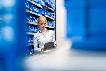 Businesswoman with tablet in factory storehouse