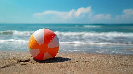 Summer Leisure: Beach Ball in Sand with Ocean Backdrop