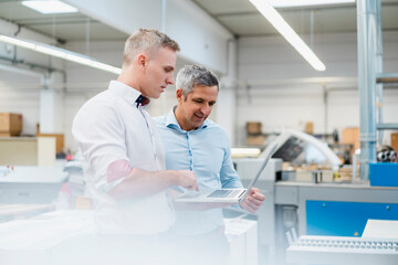 Two colleagues using laptop and discussing in a factory